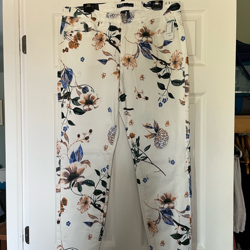 Simons Floral Straight Leg Jeans - White and Blue